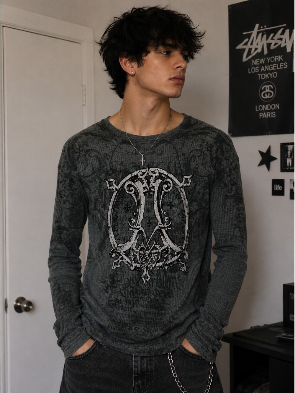 Affliction Live Fast Y2K Men's 2XL Thermal Long-Sleeve Shirt Gray Graphic Goth